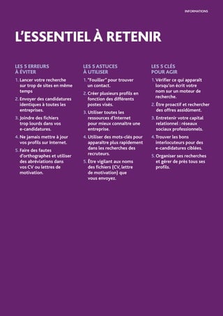 21
L’ESSENTIEL À RETENIR
LES 5 ERREURS
À ÉVITER
1. Lancer votre recherche
sur trop de sites en même
temps
2. Envoyer des candidatures
identiques à toutes les
entreprises.
3. Joindre des ﬁchiers
trop lourds dans vos
e-candidatures.
4. Ne jamais mettre à jour
vos proﬁls sur Internet.
5. Faire des fautes
d’orthographes et utiliser
des abréviations dans
vos CV ou lettres de
motivation.
LES 5 ASTUCES
À UTILISER
1.“Fouiller” pour trouver
un contact.
2. Créer plusieurs proﬁls en
fonction des différents
postes visés.
3. Utiliser toutes les
ressources d’Internet
pour mieux connaître une
entreprise.
4. Utiliser des mots-clés pour
apparaître plus rapidement
dans les recherches des
recruteurs.
5. Être vigilant aux noms
des ﬁchiers (CV, lettre
de motivation) que
vous envoyez.
LES 5 CLÉS
POUR AGIR
1.Vériﬁer ce qui apparaît
lorsqu’on écrit votre
nom sur un moteur de
recherche.
2. Être proactif et rechercher
des offres assidûment.
3. Entretenir votre capital
relationnel : réseaux
sociaux professionnels.
4.Trouver les bons
interlocuteurs pour des
e-candidatures ciblées.
5. Organiser ses recherches
et gérer de près tous ses
proﬁls.
INFORMATIONS
 