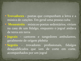 Trovadores   - poetas que compunham a letra e a música de canções. Em geral uma pessoa culta  Menestréis  -  músicos-poetas sedentários; viviam na casa de um fidalgo, enquanto o jogral andava de terra em terra  Jograis   - cantores e tangedores ambulantes, geralmente de origem plebéia  Segréis   - trovadores profissionais, fidalgos desqualificados que iam de corte em corte, acompanhados por um jogral 