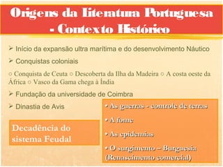 Origens da Literatura P ortuguesa
      - Contexto H istórico
 Início da expansão ultra marítima e do desenvolvimento Náutico
 Conquistas coloniais
○ Conquista de Ceuta ○ Descoberta da Ilha da Madeira ○ A costa oeste da
África ○ Vasco da Gama chega à Índia
 Fundação da universidade de Coimbra
 Dinastia de Avis               • As guerras - controle de terras
                                 • A fome
 Decadência do
                                 • As epidemias
 sistema Feudal
                                 • O surgimento – Burguesia
                                 (Renascimento comercial)
 