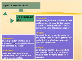 Tipos de compositores




              Os principais     • Trovador
              são               compositor, cantor e instrumentador
                                pertencente, na maioria das vezes,
                                à nobreza. Pela qualidade cultural,
                                compunha uma categoria superior.

                                • Segrel
                                fidalgo inferior ou em decadência.
• Menestrel                     Era compositor e cantor, geralmente
origem popular, limitava-se a   andarilho e profissional, ou seja,
apresentar composições alheiras vivia desse trabalho.
nos castelos ou feudos
                                • Jogral
• Soldadeira                    de origem popular e parca cultura
moça que acompanhava os         era bailarino e servia a senhores
artistas dançando, cantando e   feudais para distrair a corte ou o
tocando castanholas.            exército.
 