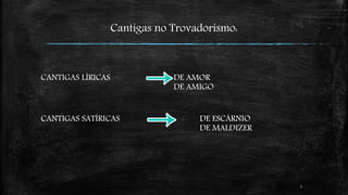 Cantigas no Trovadorismo: 
3 
CANTIGAS LÍRICAS DE AMOR 
DE AMIGO 
CANTIGAS SATÍRICAS DE ESCÁRNIO 
DE MALDIZER 
 