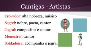 Cantigas - Artistas
Trovador: alta nobreza, músico
Segrel: nobre, poeta, cantor
Jogral: compositor e cantor
Menestrel: cantor
Soldadeira: acompanha o jogral
 