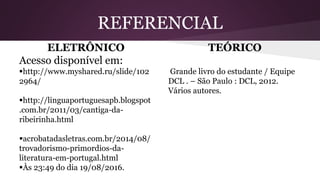 REFERENCIAL
ELETRÔNICO
Acesso disponível em:
http://www.myshared.ru/slide/102
2964/
http://linguaportuguesapb.blogspot
.com.br/2011/03/cantiga-da-
ribeirinha.html
acrobatadasletras.com.br/2014/08/
trovadorismo-primordios-da-
literatura-em-portugal.html
Às 23:49 do dia 19/08/2016.
TEÓRICO
Grande livro do estudante / Equipe
DCL . – São Paulo : DCL, 2012.
Vários autores.
 