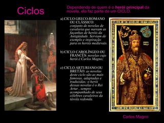 a) CICLO GRECO-ROMANO OU CLÁSSICO:  conjunto de novelas de cavalaria que narram as façanhas de heróis da Antigüidade. Serviam de exemplo e inspiração para os heróis medievais.  b) CICLO CAROLÍNGEO OU FRANCÊS:  novelas cujo herói é Carlos Magno;   c) CICLO ARTURIANO OU BRETÃO:  as novelas deste ciclo são as mais famosas, adaptadas e traduzidas; o herói dessas novelas é o Rei Artur , sempre acompanhado de seus célebres cavaleiros da távola redonda. Ciclos Dependendo de quem é o  herói principal  da novela, ela faz parte de um CICLO.  Carlos Magno 