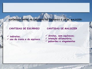 DIFERENÇA ENTRE AS CANTIGAS DE ESCÁRNIO E AS DE MALDIZER:



 CANTIGAS DE ESCÁRNIO             CANTIGAS DE MALDIZER


 indiretas;                      diretas, sem equívocos;
 uso da ironia e do equívoco.    intenção difamatória;
                                  palavrões e xingamentos 
 