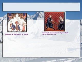 Iluminura de trovadores nas Cantigas de Santa
Iluminura do Cancioneiro da Ajuda   Maria, século XIII-XIV
 