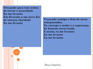 Deixando para trás noites
de terror e atrocidade
Eu me levanto
Em direcção a um novo dia
de intensa claridade        Trazendo comigo o dom de meus
Eu me levanto               antepassados,
                            Eu carrego o sonho e a esperança
                            do homem escravizado.
                            E assim, eu me levanto
                            Eu me levanto
                            Eu me levanto.




        54



                                                         54
                                                              54
                            Maya Angelou
 