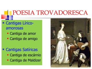 POESIA TROVADORESCA Cantigas Lírico-amorosas Cantiga de amor Cantiga de amigo Cantigas Satíricas Cantiga de escárnio Cantiga de Maldizer 