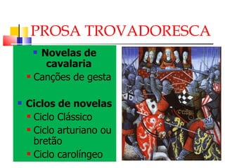 PROSA TROVADORESCA Novelas de cavalaria Canções de gesta  Ciclos de novelas Ciclo Clássico Ciclo arturiano ou bretão Ciclo carolíngeo 