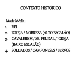 CONTEXTO HISTÓRICO
Idade Média:
1. REI
2. IGREJA / NOBREZA (ALTO ESCALÃO)
3. CAVALEIROS / SR. FEUDAL / IGREJA
(BAIXO ESCALÃO)
4. SOLDADOS / CAMPONESES / SERVOS
 