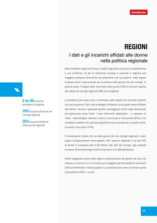Delle tendenze registrate finora, a livello regionale troviamo un ribaltamento
e una conferma. Se per le istituzioni europee e nazionali si registra una
maggiore presenza femminile nei parlamenti che nei governi, nelle regioni
le donne sono in percentuale più numerose nelle giunte che nei consigli. Si
parla di quasi il doppio delle nominate nelle giunte (35% di donne) rispetto
alle elette nei consigli regionali (18% di consigliere).
La tendenza che invece non si smentisce nelle regioni è la scarsità di donne
nei ruoli economici. Non solo le deleghe al bilancio sono quelle meno affidate
alle donne, ma più in generale queste scarseggiano anche negli assessorati
che gestiscono ampi fondi. I nomi femminili abbondano - e superano la
metà - nelle deleghe relative a lavoro e istruzione e formazione (61%) e nel
cosiddetto welfare non sanitario (politiche socio-assistenzali, sussidi e simili,
in questo caso sono il 57%).
È interessante notare che sia nelle giunte che nei consigli regionali ci sono
organi completamente mono-genere. Per i governi regionali si va dal 75%
di donne in Campania allo 0 del Molise. Nei dati dei consigli, agli antipodi
troviamo l’Emilia Romagna (32% di donne) e lo 0 della Basilicata.
Infine indagando anche nelle regioni la distribuzione dei generi nei ruoli che
contano, la carica in cui si riscontra una maggiore parità è quella di assessore
(35% al femminile), mentre quella in cui le donne sono meno in forze è quella
di presidente (10%, 2 su 20).
2 su 20le donne
presidenti di regione
18%la quota di donne nei
consigli regionali
35%la quota di donne
nelle giunte regionali
REGIONI
I dati e gli incarichi affidati alle donne
nella politica regionale
minidossier
17
 
