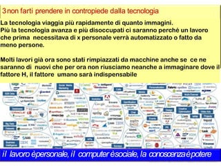 3non farti prendere in contropiede dalla tecnologia
La tecnologia viaggia più rapidamente di quanto immagini.
Più la tecnologia avanza e più disoccupati ci saranno perché un lavoro
che prima necessitava di x personale verrà automatizzato o fatto da
meno persone.
Molti lavori già ora sono stati rimpiazzati da macchine anche se ce ne
saranno di nuovi che per ora non riusciamo neanche a immaginare dove il
fattore H, il fattore umano sarà indispensabile
il lavoroèpersonale,il computerèsociale,la conoscenzaèpotere
 