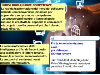 NUOVI RUOLI,NUOVE COMPETENZE
La rapida trasformazione del mercato del lavoro
richiede una riconversione dinamica per
apprendere semprenuove competenze.
La conoscenzaèil centro attorno al quale
ruotano la creatività,le capacità di comunicare
ele proprie qualità personali più cheil classico
pezzo di carta.
La società informatica della
intelligenza artificiale lasceràposto
alla societàdove il fattore umano,i
talenti,le emozioni saranno al centro.
Leemozioni ei sentimenti non si
possonoInformatizzare.
‟
JohnNaisbitt MindSetil Segretodel
Futuro‟ Gliatteggiamenti mentali per
prevedere il mondo che verrà
 