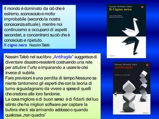 Il mondo èdominato da ciò cheè
estremo,sconosciutoemolto
improbabile (secondola nostra
conoscenzaattuale), mentre noi
continuiamo a occuparci di aspetti
secondari, a concentrarci suciò cheè
conosciuto e ripetuto.
Il cigno nero NassimTaleb
NassimTaleb nel suolibro „Antifragile‟ suggeriscedi
diventare disastro-resistenti costruendo una rete
per attutire l‟urto eimparando a usarelecrisi
invece di subirla
Fare previsioni èuna perdita di tempo.Nessuno sa
niente tantomeno gli esperti checon la teoria di
turno siguadagnano da vivere a spesedi quelli
checredono alle loro fandonie.
La cosamigliore edi buon senso èdi fidarti del tuo
istinto cheha migliori software per captare la
bufera cheti sta arrivando addossoo quando
qualcosa „non quadra‟
 