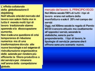 L‟effetto collaterale
della globalizzazione:il
dejobbing
Nell‟attuale crisidel mercato del
lavoro non soloin Italia ma in
tutto il mondo molti tipi di
lavoro tradizionale stanno
sparendo ela disoccupazione
aumenta.
Non èsolouna questione di crisi
temporanea di riduzione
numerica ma di una
trasformazione dovuta alle
nuove tecnologie ead esigenzedi
ristrutturazione organizzativa
delle aziende per rendere più
efficiente la filiera produttiva o
dei servizieper rimanere
nell‟arena della competizione
globale.
mercato del lavoro: IL PRINCIPIO 80/20
Nel XXimo secolol‟80%di tutti i tipi di
lavoro erano nel settore della
manifattura esoloil 20%nel campo dei
servizi
Oggi, nel XXIimo secolola regola di Pareto
80/20 èancora attuale ma esattamente
all‟opposto.I servizi,secondo le
statistiche,sonola parte
preponderante. I tipi di lavoro, le
tipologie di servizi,le personecheli
offrono sonouno scenario nuovo.
 