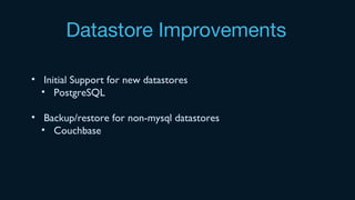 Datastore Improvements
• Initial Support for new datastores
• PostgreSQL
• Backup/restore for non-mysql datastores
• Couchbase
 