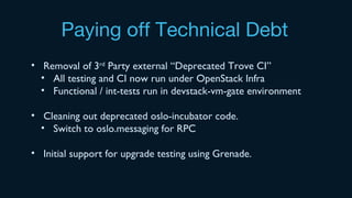 Paying off Technical Debt
• Removal of 3rd
Party external “Deprecated Trove CI”
• All testing and CI now run under OpenStack Infra
• Functional / int-tests run in devstack-vm-gate environment
• Cleaning out deprecated oslo-incubator code.
• Switch to oslo.messaging for RPC
• Initial support for upgrade testing using Grenade.
 
