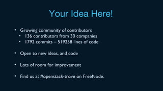 Your Idea Here!
• Growing community of contributors
• 136 contributors from 30 companies
• 1792 commits – 519258 lines of code
• Open to new ideas, and code
• Lots of room for improvement
• Find us at #openstack-trove on FreeNode.
 