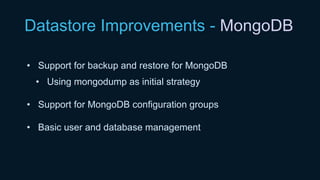 Datastore Improvements - MongoDB
• Support for backup and restore for MongoDB
• Using mongodump as initial strategy
• Support for MongoDB configuration groups
• Basic user and database management
 