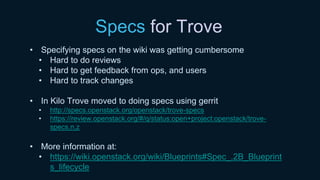 Specs for Trove
• Specifying specs on the wiki was getting cumbersome
• Hard to do reviews
• Hard to get feedback from ops, and users
• Hard to track changes
• In Kilo Trove moved to doing specs using gerrit
• http://specs.openstack.org/openstack/trove-specs
• https://review.openstack.org/#/q/status:open+project:openstack/trove-
specs,n,z
• More information at:
• https://wiki.openstack.org/wiki/Blueprints#Spec_.2B_Blueprint
s_lifecycle
 