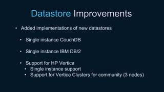 Datastore Improvements
• Added implementations of new datastores
• Single instance CouchDB
• Single instance IBM DB/2
• Support for HP Vertica
• Single instance support
• Support for Vertica Clusters for community (3 nodes)
 