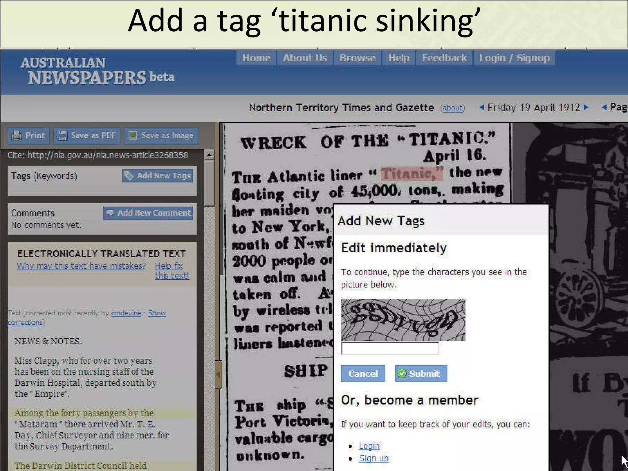 Add a tag ‘titanic sinking’ 