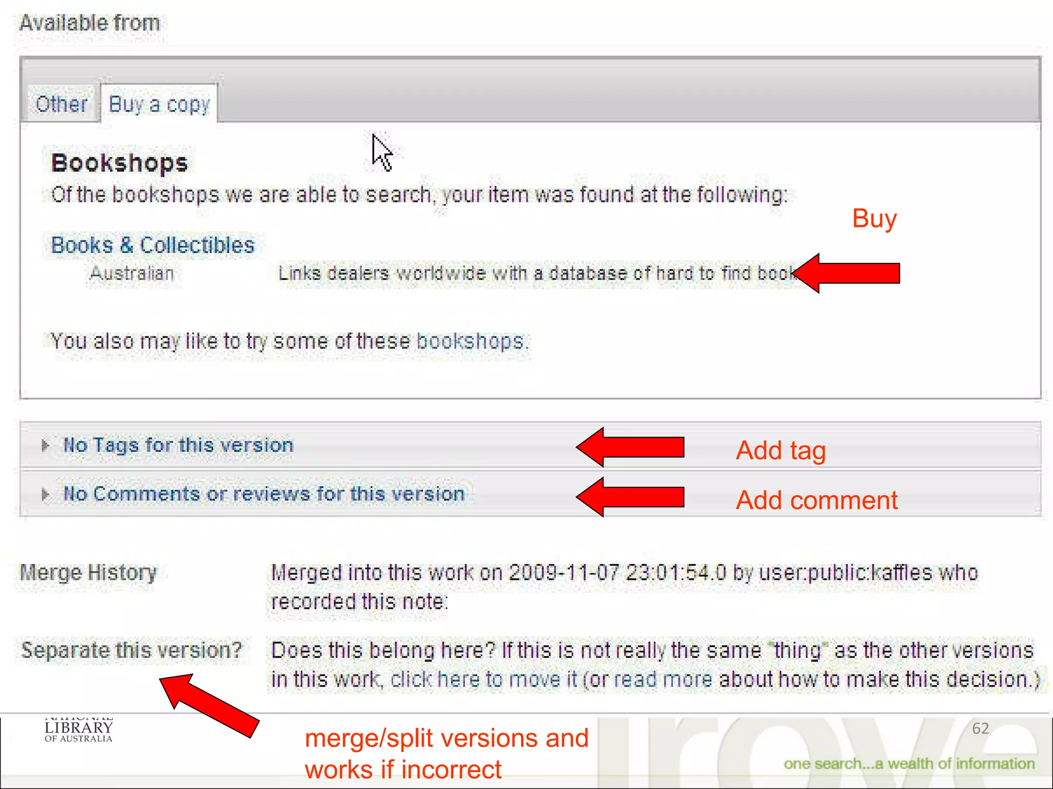 Buy Add tag  Add comment  merge/split versions and works if incorrect 
