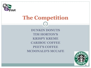 DUNKIN DONUTS TIM HORTON’S KRISPY KREME CARIBOU COFFEE PEET’S COFFEE MCDONALD'S MCCAFE The Competition 