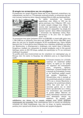 Η ιστορία του αυτοκινήτου και του ατυχήματος
Η ανακάλυψη του τροχού θεωρείται δίκαια από τις πιο σημαντικές ανακαλύψεις της
ανθρωπότητας, και όταν το 1770 απέκτησε αυτόνομη κίνηση, το αυτοκίνητο είχε μπει
στην ζωή μας, κατέχοντας πλέον σήμερα κυρίαρχη θέση σε κάθε μας δραστηριότητα.
Το
πρώτο
αυτοκίνητο
με ελαστικά
εμφανίστηκε στην Αθήνα το 1901 και έξι
χρόνια αργότερα, στις 5 Μαρτίου 1907, έγινε
το πρώτο τροχαίο ατύχημα στην Αθήνα. Το
γεγονός ήταν πρωτοφανές και κατέλαβε τα
πρωτοσέλιδα των εφημερίδων της εποχής που
έγραψαν σχετικά: «Στην Αθήνα κυκλοφορούν
7 αυτοκίνητα και θρηνήσαμε κιόλας θύμα.
Φανταστείτε τι θα γίνει όταν τα οχήματα
γίνουν 70»!
Τα αυτοκίνητα στην χώρα ξεπέρασαν πλέον τα 6.000.000, οι νεκροί κάθε χρόνο τους
1.700-2.000 και οι τραυματίες είναι πάνω από 30.000! Την 15ετια 1986-2000, έχουν
χάσει την ζωή τους σε τροχαία ατυχήματα 30.293 συνάνθρωποί μας. Έχουν δηλαδή
αφανιστεί στα 15 αυτά χρόνια τόσοι άνθρωποι όσο ο διπλάσιος πληθυσμός της πόλης
του Μεσολογγίου, η ολοκληρωτικά ο πληθυσμός ενός νησιού όπως η Ζάκυνθος.
Συγχρόνως ο αριθμός των τραυματιών σε τροχαία ατυχήματα, κατά το ίδιο χρονικό
διάστημα, φτάνει τα 482.330 άτομα, αριθμός που προσεγγίζει το 5% του συνολικού
πληθυσμού της χώρας!
Τα μεγέθη αυτά είναι συγκλονιστικά και δεν επιτρέπουν τον εφησυχασμό μας, αν
θέλουμε στον 21ο αιώνα να θεωρούμε την ανθρώπινη ζωή ως το σημαντικότερο
αγαθό.
Η Eurostat αναφέρει ότι η Ελλάδα
εμφανίζει τον υψηλότερο αριθμό
νεκρών, σε σχέση με τον αριθμό
των οχημάτων που κυκλοφορούν
στους
ελληνικούς
δρόμους.
Ειδικότερα, η Στερεά Ελλάδα είναι
η περιοχή της Ευρωπαϊκής Ένωσης
με τον υψηλότερο αριθμό νεκρών
από τροχαία. Παράλληλα, η
Πελοπόννησος είναι η περιοχή με
την μεγαλύτερη μείωση σε νεκρούς
(15%) και η Δυτική Μακεδονία η
περιοχή με την μεγαλύτερη αύξηση
(45%). Και αυτό παρ’ ότι τα
τελευταία χρόνια και το οδικό
δίκτυο έχει βελτιωθεί και ο στόλος
των αυτοκινήτων έχει ανανεωθεί
σε μεγάλο βαθμό. Φαίνεται ότι
απλώς αποκτήσαμε καλύτερα όπλα
στον αδυσώπητο πόλεμο της
ασφάλτου. Το γεγονός αυτό
επιβεβαιώνει την άποψη ότι το τροχαίο ατύχημα είναι τελικά πρόβλημα
συμπεριφοράς και νοοτροπίας. Όταν κατανοήσουμε αυτό το γεγονός και αλλάξουμε
νοοτροπία και οδική συμπεριφορά, ίσως τότε να δούμε τις πρώτες πραγματικές
μειώσεις στον τραγικό αυτό πίνακα του θανάτου από τροχαία ατυχήματα.

5

 