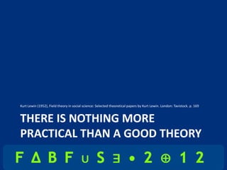Kurt Lewin (1952), Field theory in social science: Selected theoretical papers by Kurt Lewin. London: Tavistock. p. 169


THERE IS NOTHING MORE
PRACTICAL THAN A GOOD THEORY
 