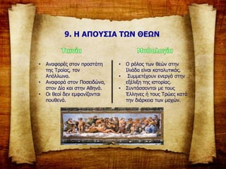 9. Η ΑΠΟΥΣΙΑ ΤΩΝ ΘΕΩΝ
• Ο ρόλος των θεών στην
Ιλιάδα είναι καταλυτικός.
• Συμμετέχουν ενεργά στην
εξέλιξη της ιστορίας.
• Συντάσσονται με τους
Έλληνες ή τους Τρώες κατά
την διάρκεια των μαχών.
• Αναφορές στον προστάτη
της Τροίας, τον
Απόλλωνα.
• Αναφορά στον Ποσειδώνα,
στον Δία και στην Αθηνά.
• Οι θεοί δεν εμφανίζονται
πουθενά.
 