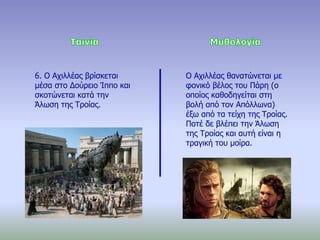 6. Ο Αχιλλέας βρίσκεται
μέσα στο Δούρειο Ίππο και
σκοτώνεται κατά την
Άλωση της Τροίας.
Ο Αχιλλέας θανατώνεται με
φονικό βέλος του Πάρη (ο
οποίος καθοδηγείται στη
βολή από τον Απόλλωνα)
έξω από τα τείχη της Τροίας.
Ποτέ δε βλέπει την Άλωση
της Τροίας και αυτή είναι η
τραγική του μοίρα.
 
