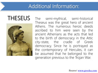 Additional Information:
The semi-mythical, semi-historical
Theseus was the great hero of ancient
Athens. The numerous heroic deeds
ascribed to him were seen by the
ancient Athenians as the acts that led
to the birth of democracy in the Attic
city-state, the cradle of Greek
democracy. Since he is portrayed as
the contemporary of Hercules, it can
be assumed that he belonged to the
generation previous to the Trojan War.
Source: www.greeka.com
THESEUS
 