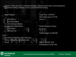 Construct office focused on commercial lending, commercial real estate, cash management, agricultural lending, merchant services, and international lending. Gross Area: 13,838 SF Net Usable Area: 8,177 SF Floors: 3 Project Duration: 45 days Project Budget: $1,400,500 Project Cost/SF: $128 Construction Cost/SF: $86 Initial Program: (13) Offices (7) Workstations (2) Conference Rooms Employee Break Room Event Space Waiting Area Association of Builders and Contractors, Winner of Excellence in Construction Award Loan Production and Financial Services Office  Lincoln, Nebraska 