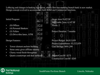 Lobbying and changes in banking legislation, enable first free-standing branch bank in new market.  Design concept evolved to accommodate both Retail and Commercial functions. Gross Area: 9,422 SF Net Usable Area: 6,147 SF Floors: 2 Project Duration: 7 months Project Budget: $4,013,859 Project Expenditures: $3,322,659 Cost Savings: $691,200 Project Cost/SF: $273 Construction Cost/SF: $205 Initial Program: (8) Offices (4) Personal Bankers (5) Tellers (5) Drive-thru lanes, ATM Design Features: Tower element anchors building Stone entry gives affiliate identity Cherry wood finish throughout Quartz countertops and deal surfaces SouthPointe Pavilions Branch  Lincoln, Nebraska 