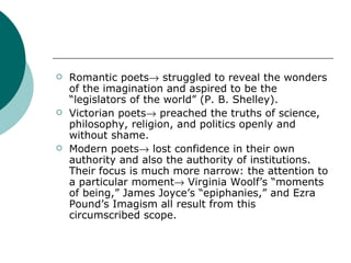 Romantic poets   struggled to reveal the wonders of the imagination and aspired to be the “legislators of the world” (P. B. Shelley). Victorian poets   preached the truths of science, philosophy, religion, and politics openly and without shame. Modern poets   lost confidence in their own authority and also the authority of institutions. Their focus is much more narrow: the attention to a particular moment   Virginia Woolf’s “moments of being,” James Joyce’s “epiphanies,” and Ezra Pound’s Imagism all result from this circumscribed scope. 