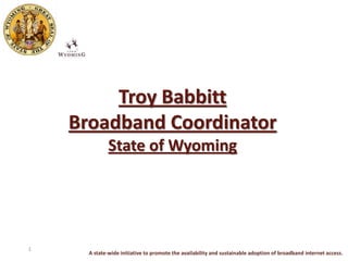 Troy Babbitt
    Broadband Coordinator
              State of Wyoming




1
      A state-wide initiative to promote the availability and sustainable adoption of broadband internet access.
 
