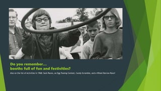 Do you remember…
booths full of fun and festivities?
Also on the list of Activities in 1968: Sack Races, an Egg Tossing Contest, Candy Scramble, and a Wheel Barrow Race!
 