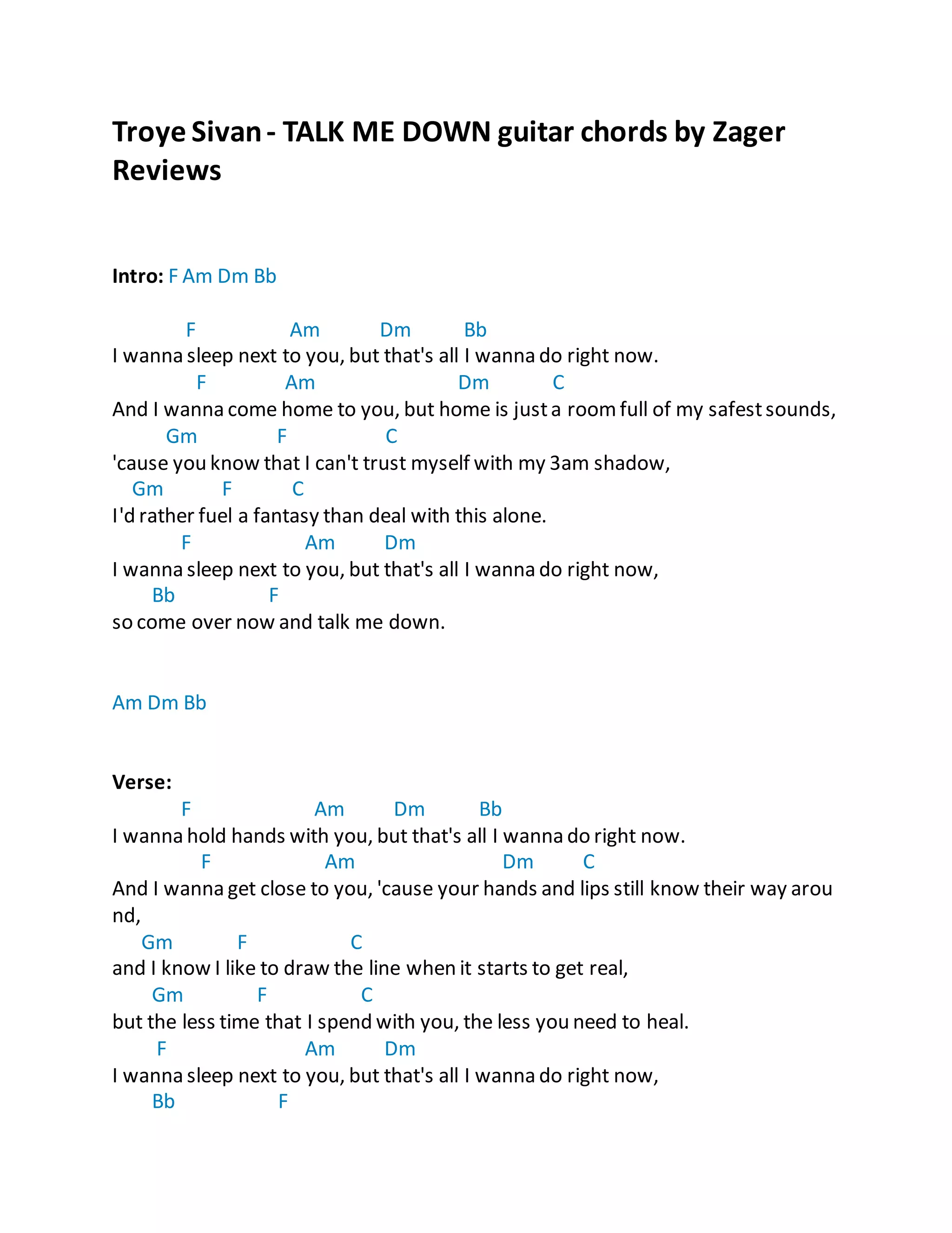 Troye Sivan TALK ME DOWN Guitar Chords by Zager Reviews PDF
