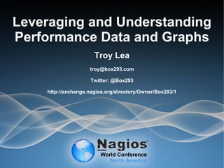Leveraging and Understanding
Performance Data and Graphs
Troy Lea
troy@box293.com
Twitter: @Box293
http://exchange.nagios.org/directory/Owner/Box293/1
 