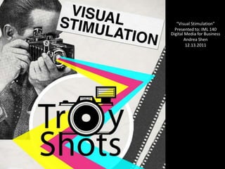 “Visual Stimulation”
  Presented to: IML 140
Digital Media for Business
       Andrea Shen
        12.13.2011
 
