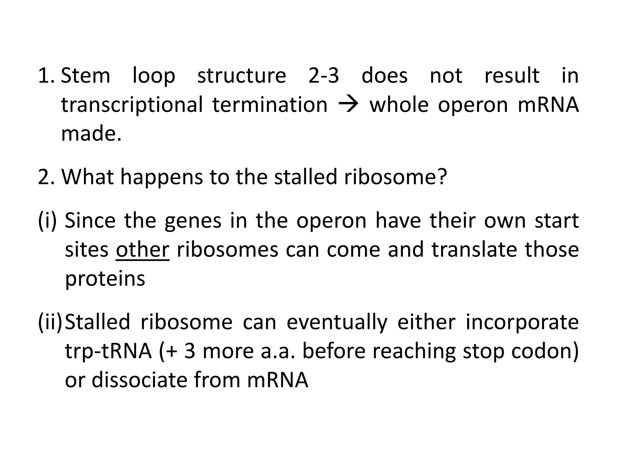 1. Stem loop structure 2-3 does not result in
transcriptional termination  whole operon mRNA
made.
2. What happens to the stalled ribosome?
(i) Since the genes in the operon have their own start
sites other ribosomes can come and translate those
proteins
(ii)Stalled ribosome can eventually either incorporate
trp-tRNA (+ 3 more a.a. before reaching stop codon)
or dissociate from mRNA
 