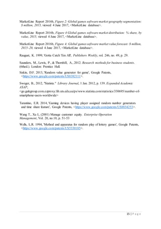 15 | P a g e
MarketLine Report 2016b, Figure 2: Global games software market geography segmentation:
$ million, 2015, viewed 4 June 2017, <MarketLine database>.
MarketLine Report 2016b, Figure 4 Global games software market distribution: % share, by
value, 2015, viewed 4 June 2017, <MarketLine database>.
MarketLine Report 2016b, Figure 4: Global games software market value forecast: $ million,
2015–20, viewed 4 June 2017, <MarketLine database>.
Raugust, K. 1999, 'Gotta Catch 'Em All', Publishers Weekly, vol. 246, no. 49, p. 29.
Saunders, M., Lewis, P., & Thornhill, A., 2012. Research methods for business students.
(6thed.). London: Prentice Hall.
Siskin, D.F. 2013, 'Random value generator for game', Google Patents,
<https://www.google.com/patents/US8382111>.
Swoger, B., 2012, "Statista." Library Journal, 1 Jan. 2012, p. 139. Expanded Academic
ASAP,
<go.galegroup.com.ezproxy.lib.uts.edu.au/ps/www.statista.com/statistics/330695/number-of-
smartphone-users-worldwide>
Tarantino, E.R. 2014, 'Gaming devices having player assigned random number generators
and time share feature', Google Patents, <https://www.google.com/patents/US8834253>.
Wang T., Xu L. (2001) Manage customer equity. Enterprise Operation
Management, Vol. 20, no.10, p. 51-53
Wells, L.R. 1994, 'Method and apparatus for random play of lottery games', Google Patents,
<https://www.google.com/patents/US5330185>.
 