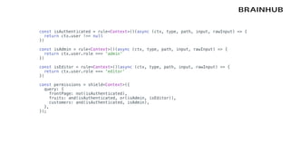 const isAuthenticated = rule<Context>()(async (ctx, type, path, input, rawInput) => {
return ctx.user !== null
})
const isAdmin = rule<Context>()(async (ctx, type, path, input, rawInput) => {
return ctx.user.role === 'admin'
})
const isEditor = rule<Context>()(async (ctx, type, path, input, rawInput) => {
return ctx.user.role === 'editor'
})
const permissions = shield<Context>({
query: {
frontPage: not(isAuthenticated),
fruits: and(isAuthenticated, or(isAdmin, isEditor)),
customers: and(isAuthenticated, isAdmin),
},
});
 