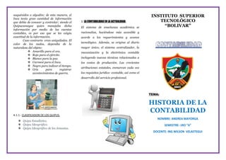 auquénidos o algodón; de esta manera, el
Inca tenía gran cantidad de información
que debía de conocer y controlar; siendo el
Quipucamayoc quien manejaba dicha
información por medio de las cuentas
contables, es por eso que se les exigía
exactitud de la información.
Caso contrario eran aniquilados. El
color de los nudos, dependía de la
naturaleza del objeto:
 Amarillo para el oro.
 Rojo para el ejército.
 Blanco para la paz.
 Carmesí para el Inca.
 Negro para indicar el tiempo.
 Gris para registrar
acontecimientos de guerra.
A.1.1.- CLASIFICASION DE LOS QUIPUS:
 Quipu Estadístico.
 Quipu Ideográfico.
 Quipu Ideográfico de los Amautas.
3. LA CONTABILIDAD EN LA ACTUALIDAD:
El sistema de enseñanza académica se
racionaliza, haciéndose más accesible y
acorde a los requerimientos y avance
tecnológico. Además, se origina al diario
mayor único, el sistema centralizador, la
mecanización y la electrónica contable
incluyendo nuevas técnicas relacionadas a
los costos de producción. Las crecientes
atribuciones estatales, enmarcan cada vez
los requisitos jurídico -contable, así como el
desarrollo del servicio profesional.
INSTITUTO SUPERIOR
TECNOLÓGICO
“BOLIVAR”
TEMA:
 