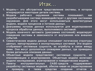 Итак…Итак…
1. Модель— это абстрактное представление системы, в котором
игнорируются некоторые детали системы.
2. Модели рабочего окружения системы показывают, как
разрабатываемая система взаимодействует с другими системами
окружения. Для этого могут использоваться архитектурные
модели, модели процессов и потоков данных.
3. Диаграммы потоков данных используются для моделирования
процесса обработки данных, выполняемого системой.
4. Модель конечного автомата (диаграмма состояний) моделирует
поведение системы в зависимости от внутренних или внешних
событий.
5. Семантические модели данных описывают логические структуры
данных, импортируемых и экспортируемых системой. Эти модели
отображают системные сущности, их атрибуты и связи между
ними. Они могут дополняться словарями данных, где приведено
более детальное описание данных.
6. Объектные модели представляют системные сущности, их
классификацию и агрегирование. Объектные модели включают
модели наследования, агрегирования и поведенческие модели.
7. Пакеты инструментальных CASE-средств поддерживают
разработку системных моделей, обеспе­чивая их редактирование
и проверку, а также средства создания отчетов и
 