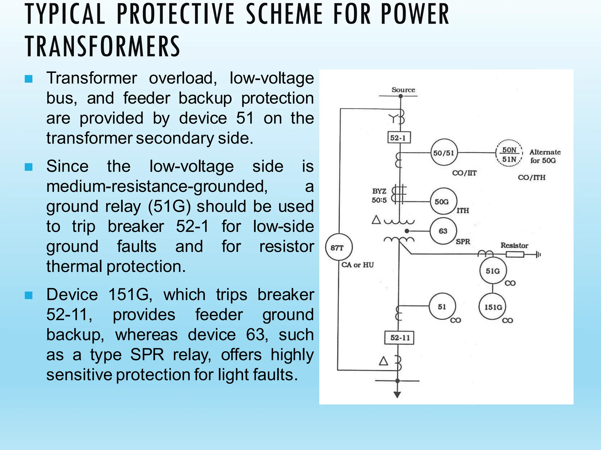 TYPICAL PROTECTIVE SCHEME FOR POWER
TRANSFORMERS
◼ Transformer overload, low-voltage
bus, and feeder backup protection
are provided by device 51 on the
transformer secondary side.
◼ Since the low-voltage side is
medium-resistance-grounded, a
ground relay (51G) should be used
to trip breaker 52-1 for low-side
ground faults and for resistor
thermal protection.
◼ Device 151G, which trips breaker
52-11, provides feeder ground
backup, whereas device 63, such
as a type SPR relay, offers highly
sensitive protection for light faults.
 