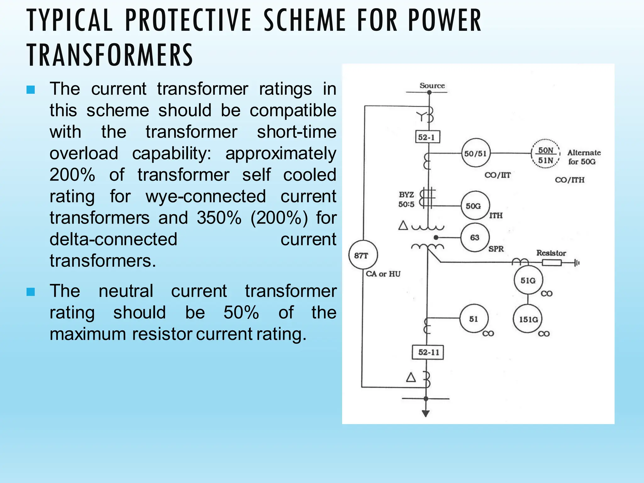 TYPICAL PROTECTIVE SCHEME FOR POWER
TRANSFORMERS
◼ The current transformer ratings in
this scheme should be compatible
with the transformer short-time
overload capability: approximately
200% of transformer self cooled
rating for wye-connected current
transformers and 350% (200%) for
delta-connected current
transformers.
◼ The neutral current transformer
rating should be 50% of the
maximum resistor current rating.
 