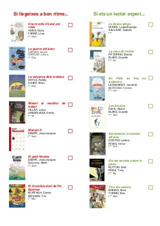 Si llegeixes a bon ritme...
Una revolta d’estar per
casa
HOMS, Núria
FARRÉ, Lluís
I** Hom
La guerra del bosc
COPONS, Jaume...