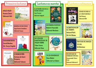 Primeiros lectores Lectores autónomos
¡PILÚ, PILÚ!
Susana Isern
Editorial: OQO
MARCELA DE NAVIDAD
Anja García Castellano
Editorial: Anaya
DOS MONSTRUOS
David Mackee
Ed.: Anaya English
O PRINCIPIÑO
Antoine de Saint-
Exupery
Editorial: Galaxia
OLIMPIADAS EN
EL TIEMPO.
Richard Platt
Ed: Art Blume
LOS ZOMBIS ATLÉTICOS
Roberto Panavello
Editorial: Montena
AS VIAXES
FANTÁSTICAS DE
JULES VERNE
Jules Verne
Editorial: Baia
YO, ELVIS RIBOLDI
Bono Bidari
Editorial: La Galera
Lectores en marcha
DIARIO DE GREG 10.
LA VIEJA ESCUELA
Jeff Kinney
Editorial: RBA
INVENTARIO DE
ANIMAIS CON COLA
Emmanuelle Tchou-
kriel
Editorial: Faktoria K
TRATADO DE MAGIA
VV.AA.
Ed: Montena
EL EXTRAÑO CASO DE LA
MADRE ABOGAD
Dani Torrent
Editorial: Caligraf
 